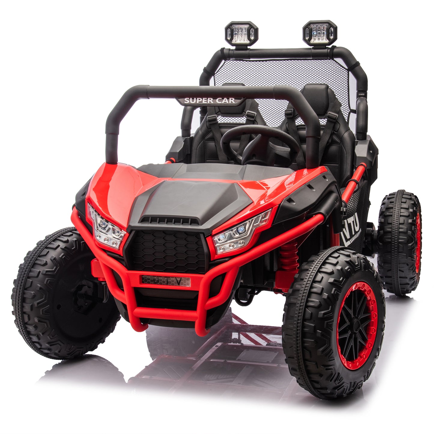 24V Two-seater Kids Ride On UTV W/Parents Control,400W Super Power,Four-wheel suspension,LED Light with Rear searchlight,Bluetooth,MP3,Music,Rear storage space,Speeds 3.73-4.97MPH for Kids aged 3+.