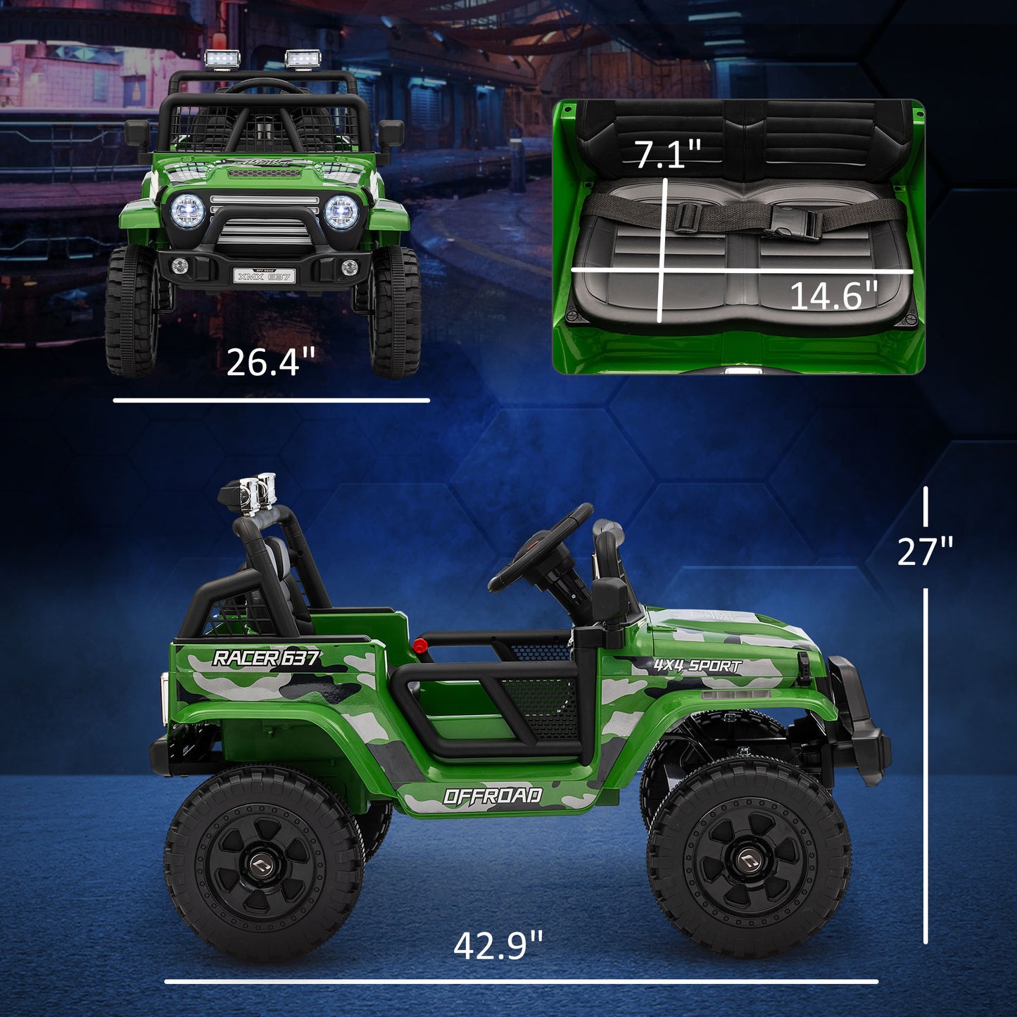 Qaba 12V Ride on Truck, Battery Powered Kids Electric Car with Parent Remote, 4 Suspension Wheels, 3 MPH Max Speed, Music, Horn & LED Lights for Ages 3-6 Years Old, Green