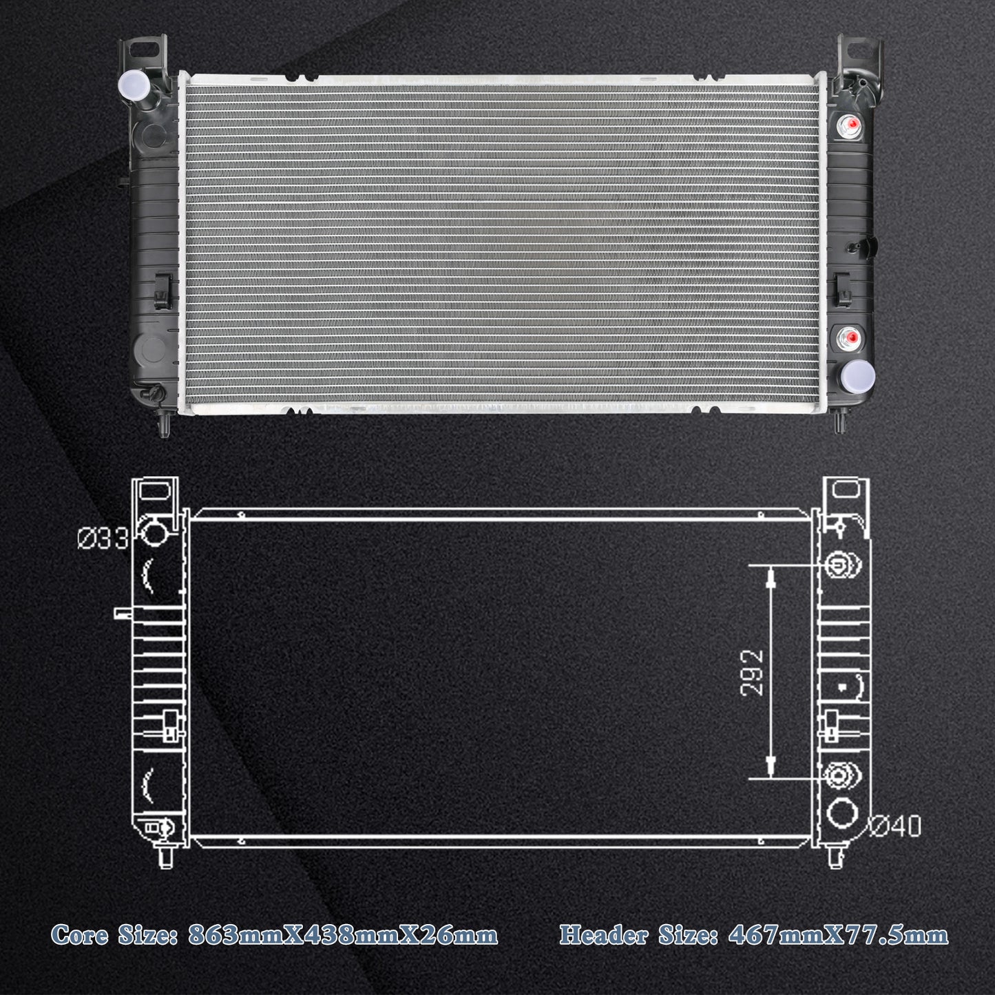 34" Radiator for Chevy Silverado 1500 GMC Yukon Cadillac Escalade 4.8L 5.3L 6.0L 2423