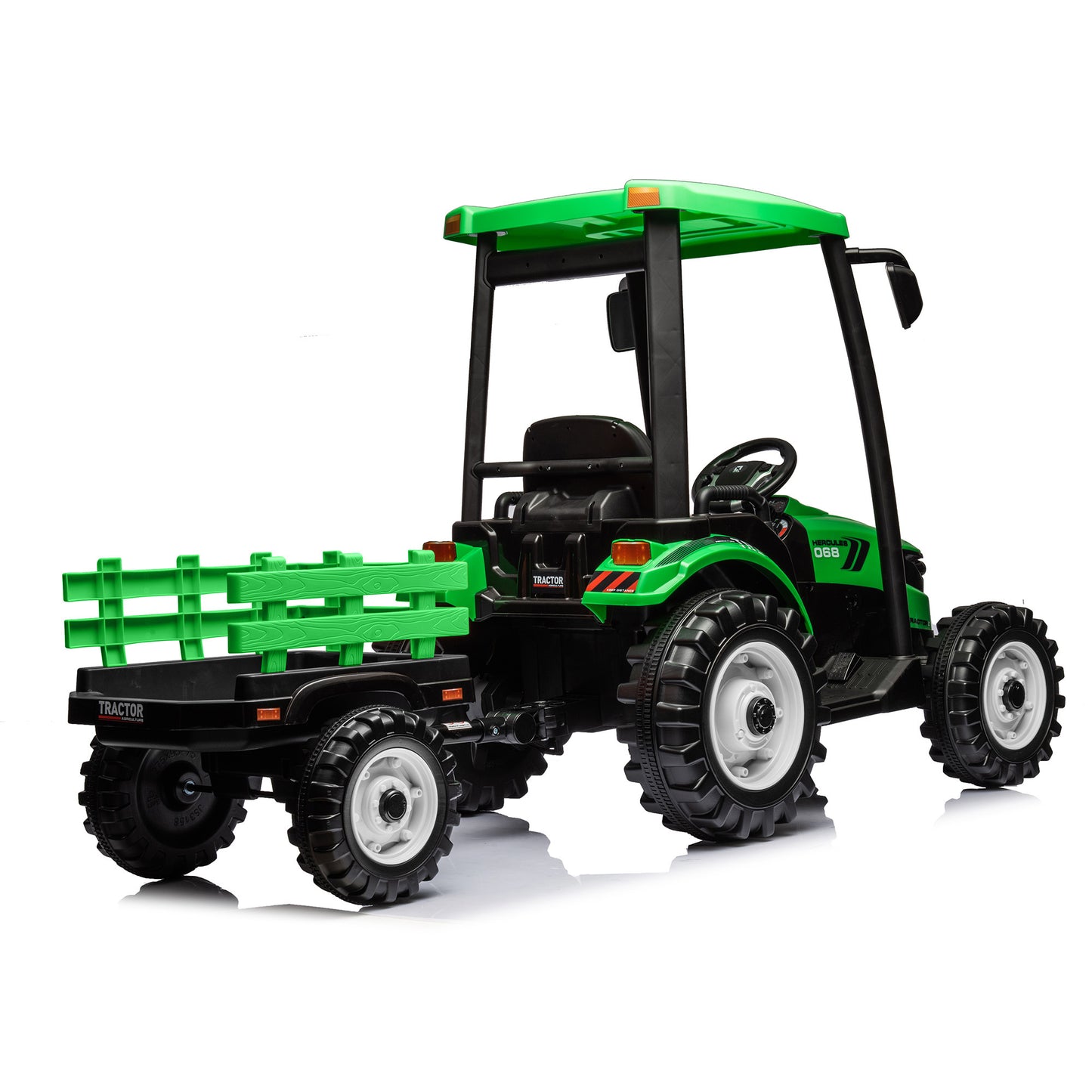 Ride on Tractor with Trailer, 24V Battery Powered Electric Vehicle Toy with 3-Gear-Shift Ground Loader, Treaded Tires, LED Lights, Audio, Safety Belt, Kids Ride on Car (Green)