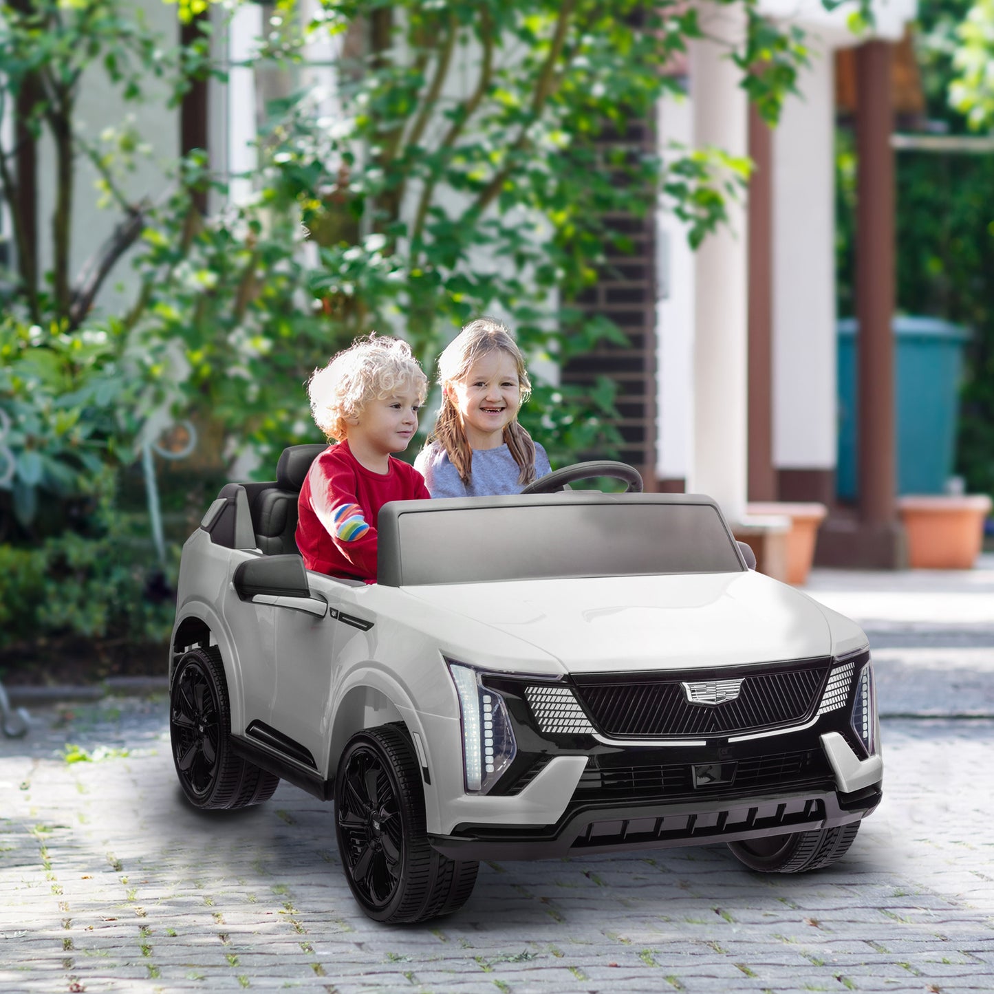 Qaba 2-Seater Ride on Truck, 12V 10AH Cadillac Escalade IQ 2025 Licensed Kids Electric Car with Remote Control, 4 Spring Suspension Wheels, LED Lights, Music Horn, White