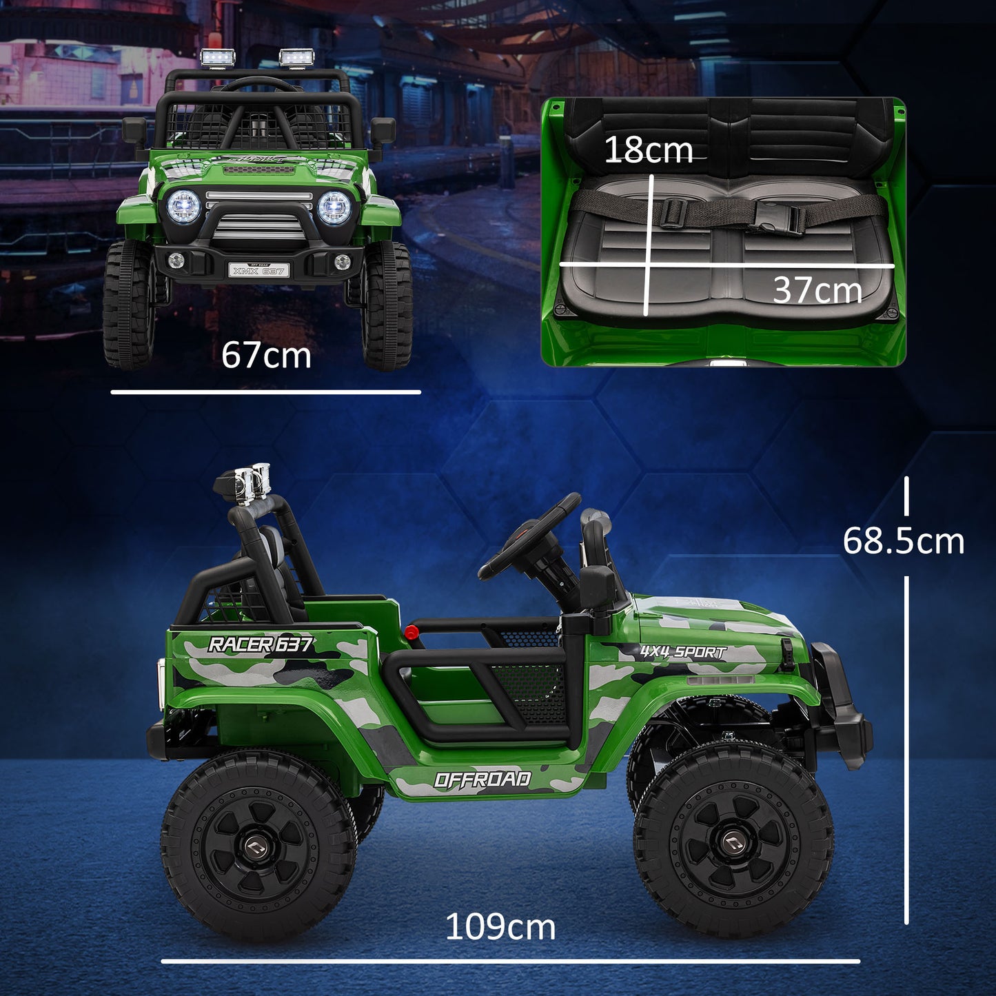 Qaba 12V Ride on Truck, Battery Powered Kids Electric Car with Parent Remote, 4 Suspension Wheels, 3 MPH Max Speed, Music, Horn & LED Lights for Ages 3-6 Years Old, Green
