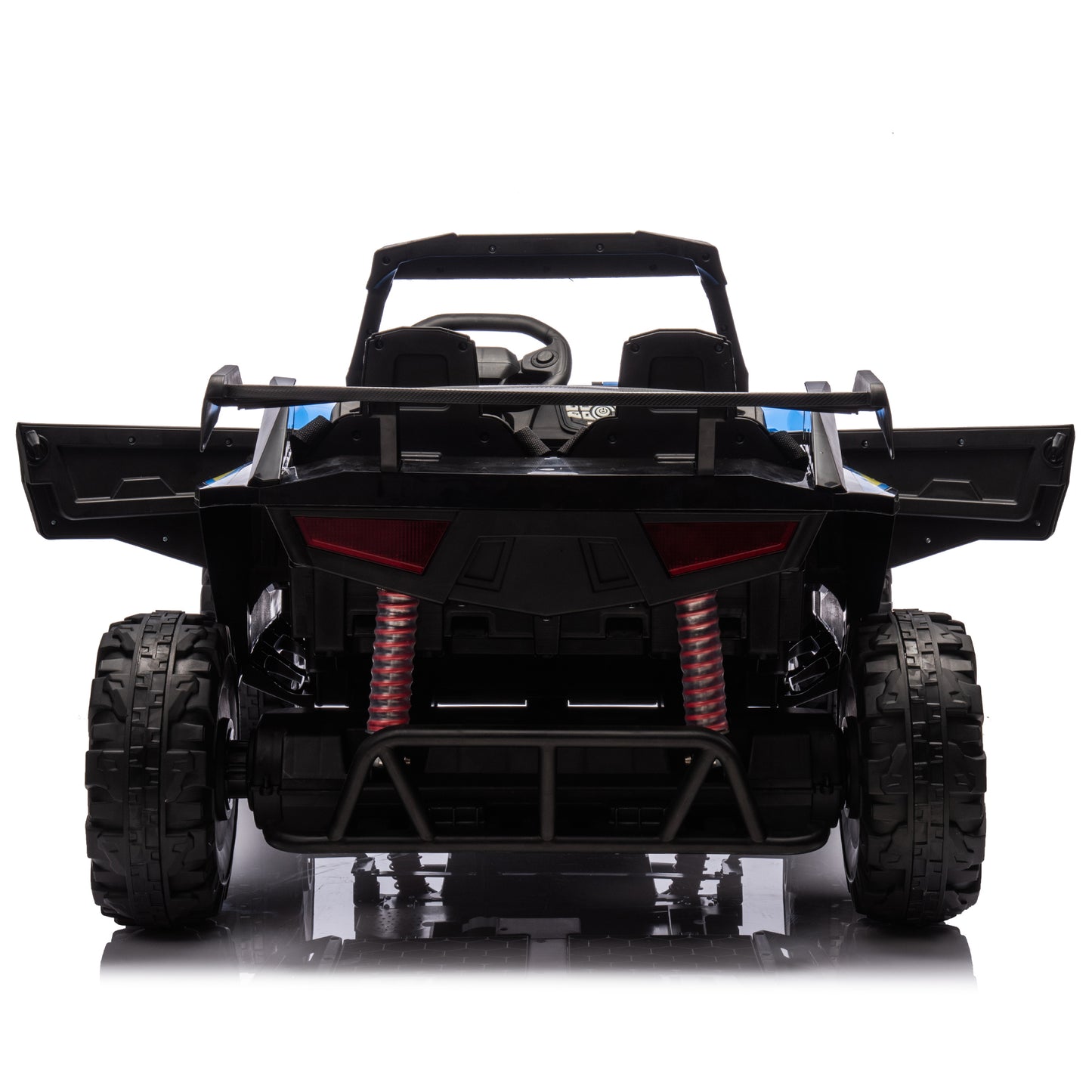 24V Two-seater Kids Ride On Electric Car W/Parents Control,Seat width 20.47in,2WD,Four-wheel suspension,The police car with a megaphone,Power display,Bluetooth,MP3,USB/TF,Music,LED Lights for Kids.