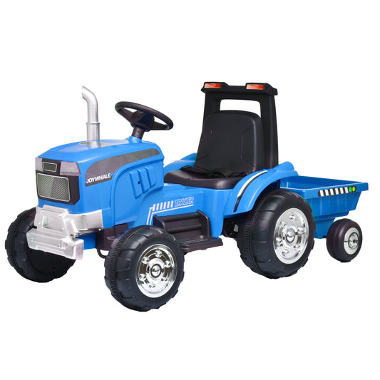Kids Ride on Tractor with Trailer, 12V Battery Powered Electric Tractors for Kids with Remote Control, Tractor Toy with 3-Gear-Shift, Music Player, Dual Motors, Exhaust Pipe & Bright Headlight, Blue