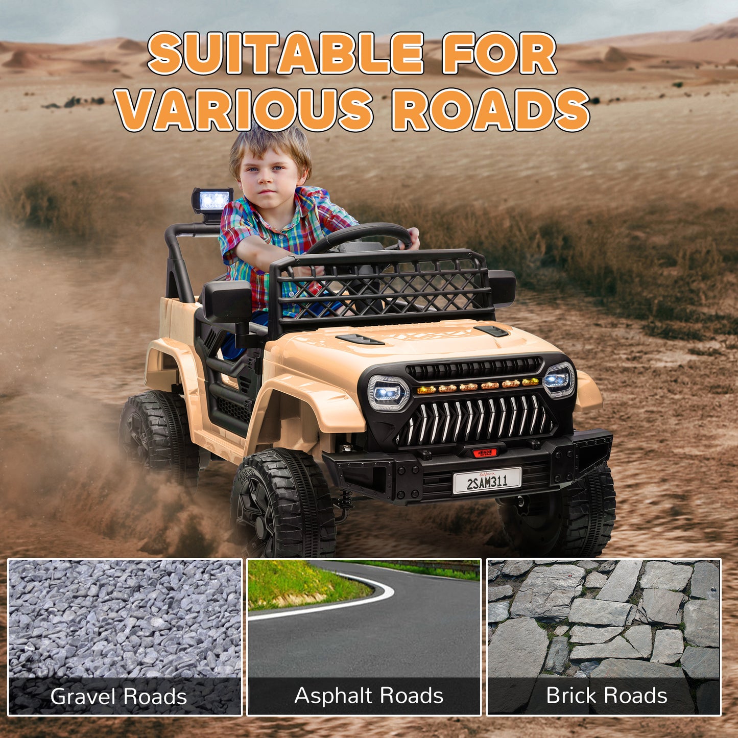 Qaba 12V Ride On Truck, Battery Powered Kids Electric Car UTV with 4 Suspension Wheels, Remote Control, 3 Speeds, LED Headlights, Horn, USB Music, Khaki