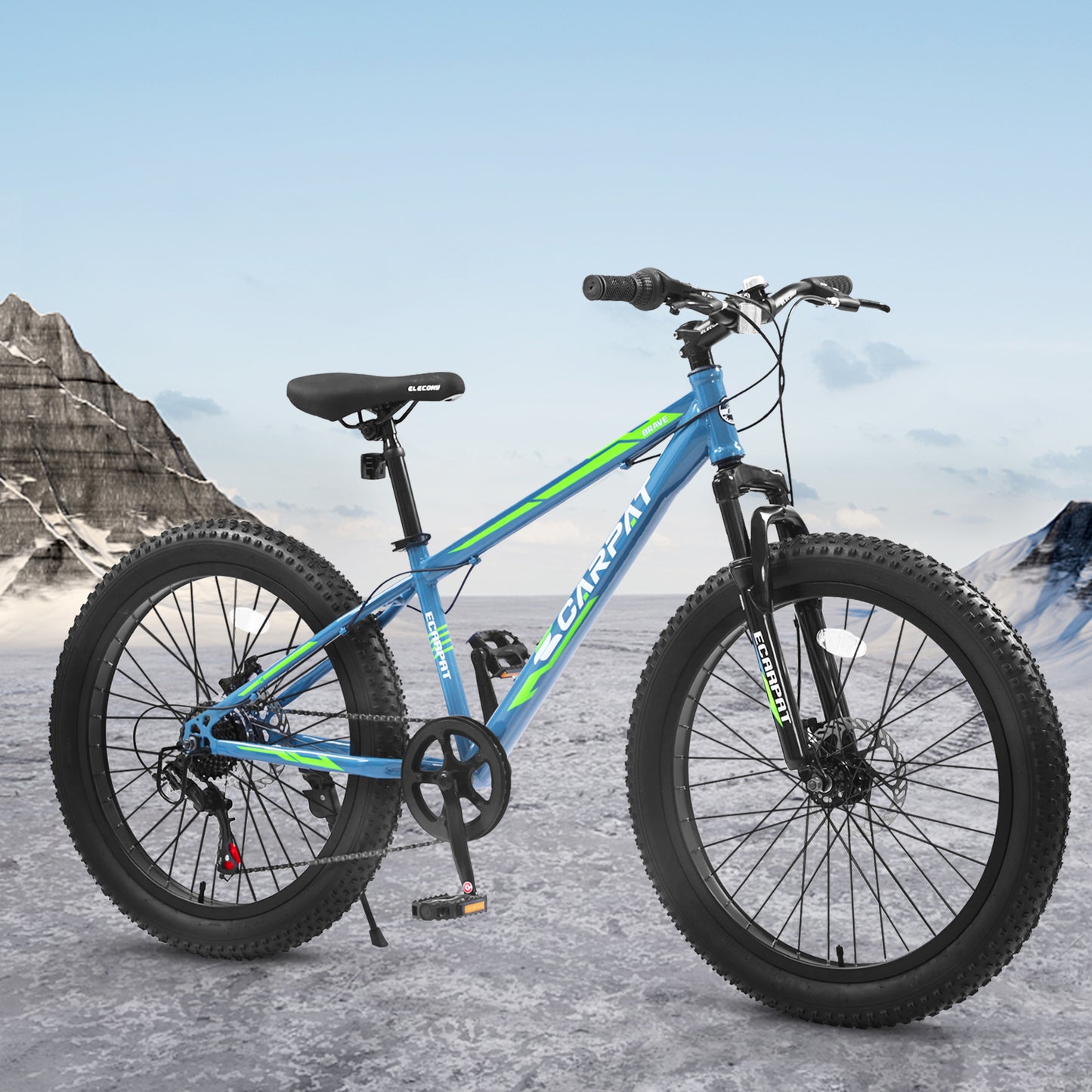 S24109 24 Inch Fat Tire Bike Adult/Youth Full Shimano 7 Speeds Mountain Bike, Dual Disc Brake, High-Carbon Steel Frame, Front Suspension, Mountain Trail Bike, Urban Commuter City Bicycle