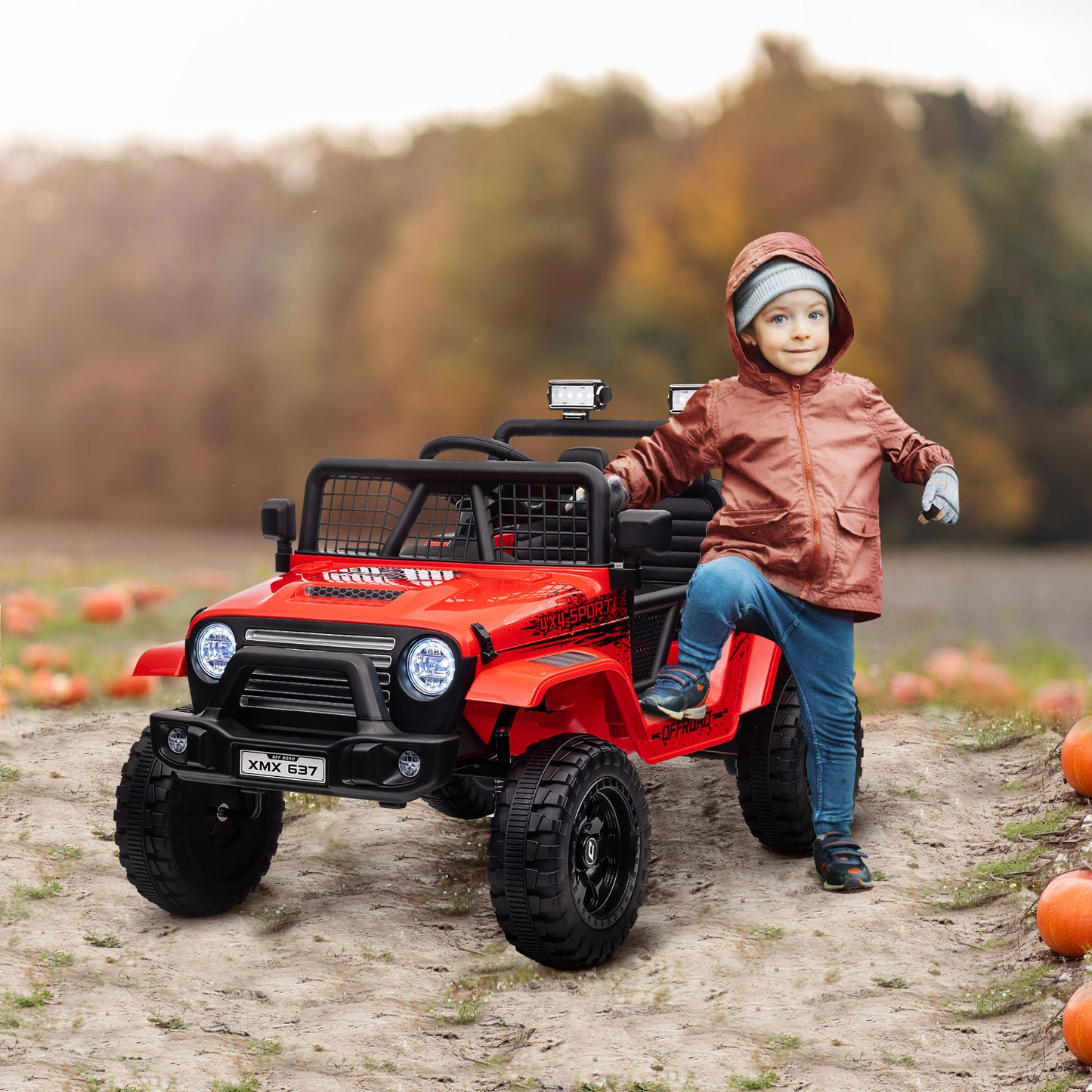 Qaba 12V Ride on Truck, Battery Powered Kids Electric Car with Parent Remote, 4 Suspension Wheels, 3 MPH Max Speed, Music, Horn & LED Lights for Ages 3-6 Years Old, Red