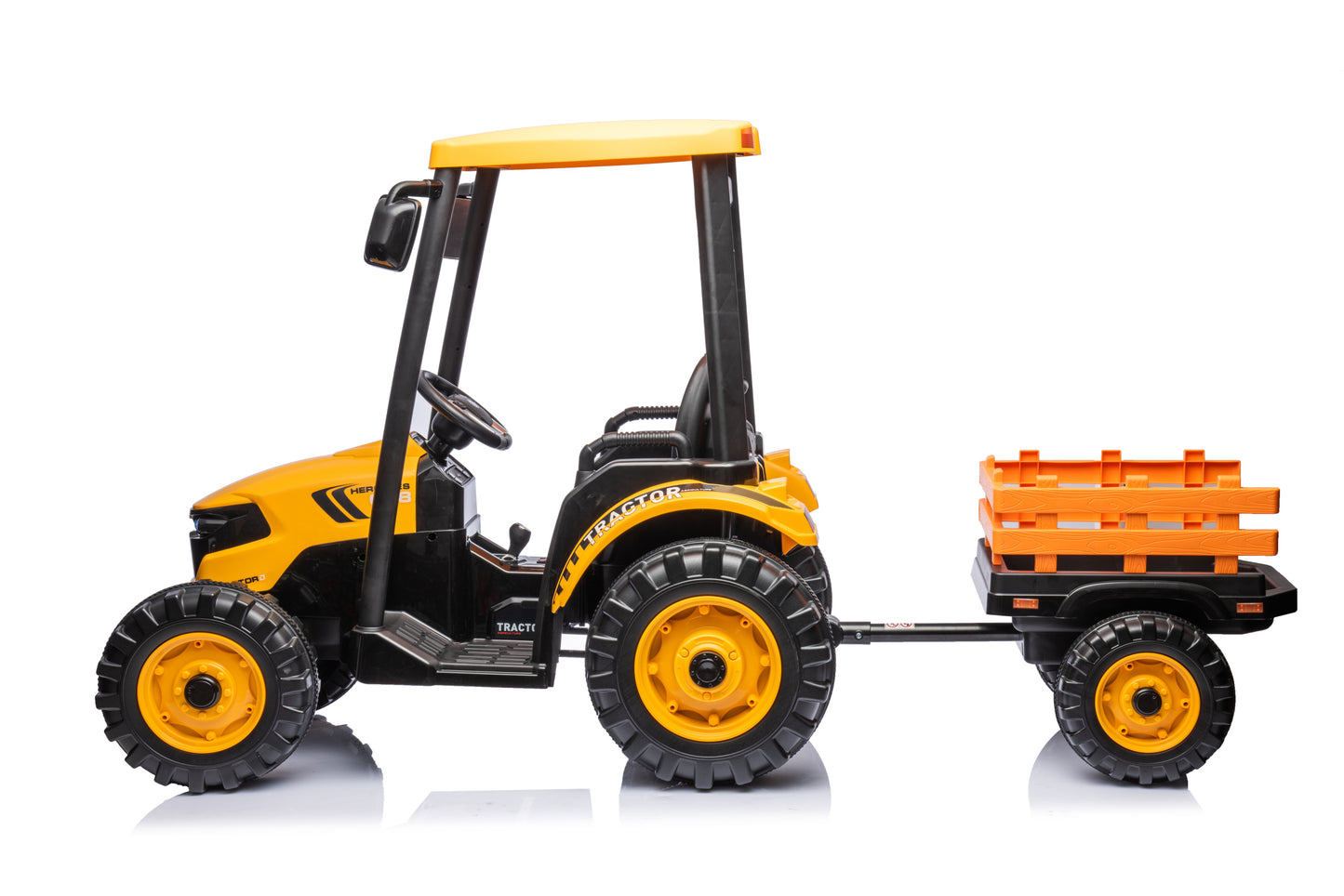 Ride on Tractor with Trailer, 24V Battery Powered Electric Vehicle Toy with 3-Gear-Shift Ground Loader, Treaded Tires, LED Lights, Audio, Safety Belt, Kids Ride on Car (Yellow)