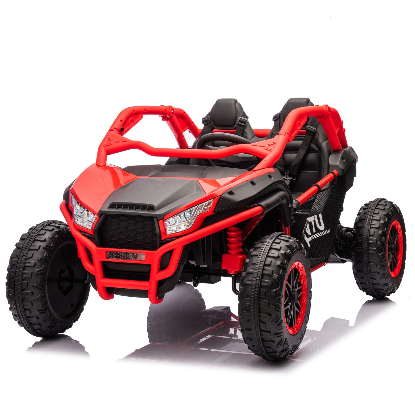 24V Two-seater Kids Ride On UTV w/Parents Control,20in seat width,400W Super high power,Four-wheel Suspension,Bluetooth,MP3,USB,LED Light,Horn,Rear storage space,Speeds 3.73-4.97MPH For Kids aged 3+.