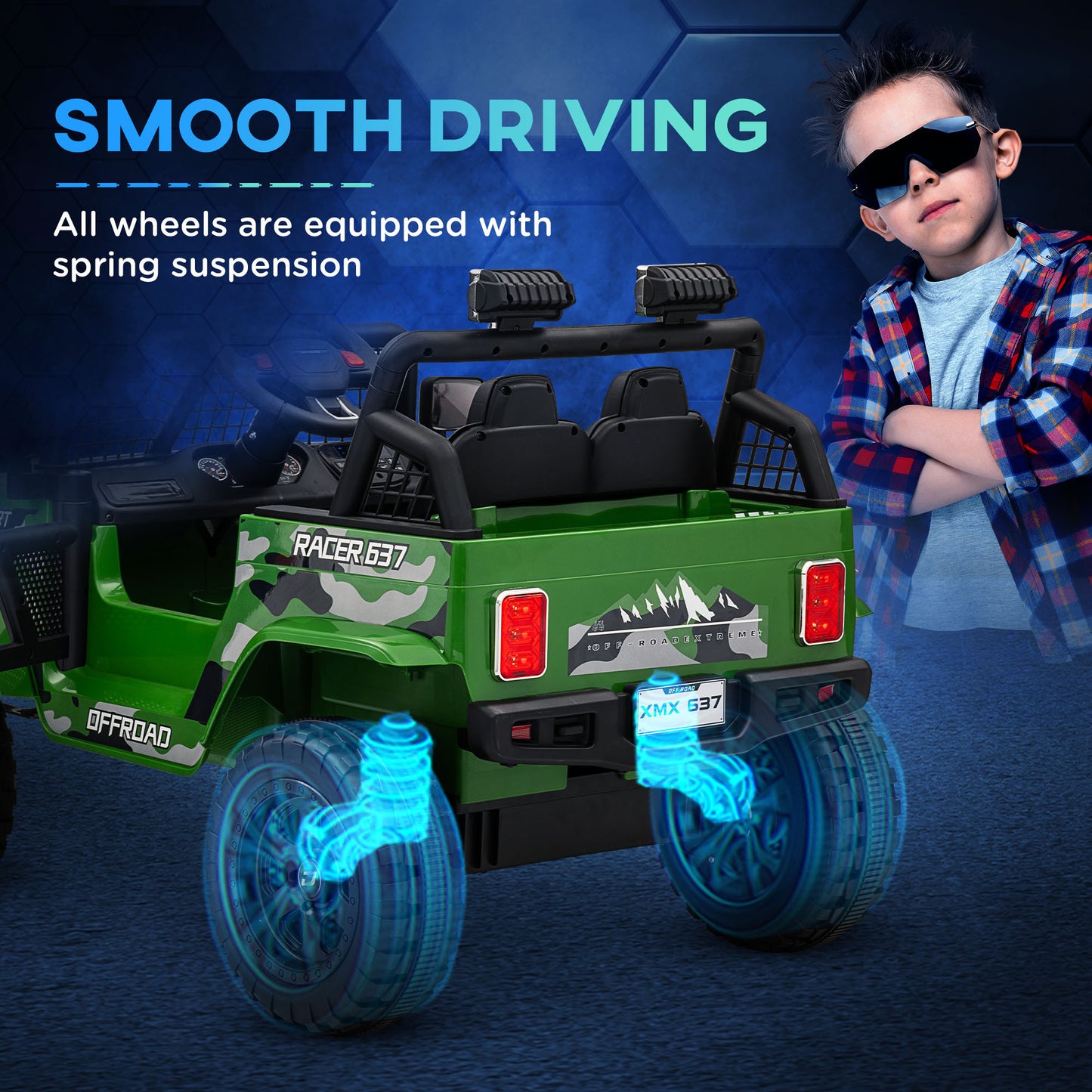 Qaba 12V Ride on Truck, Battery Powered Kids Electric Car with Parent Remote, 4 Suspension Wheels, 3 MPH Max Speed, Music, Horn & LED Lights for Ages 3-6 Years Old, Green