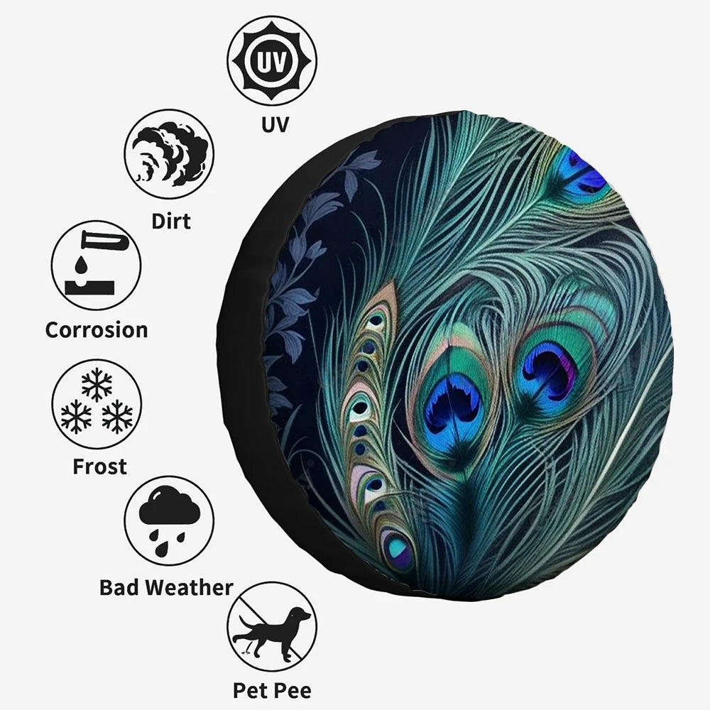 Lovely Peacock Feather Pattern Polyester Universal Spare Wheel Tire Cover Wheel Covers for Trailer RV SUV Truck Camper