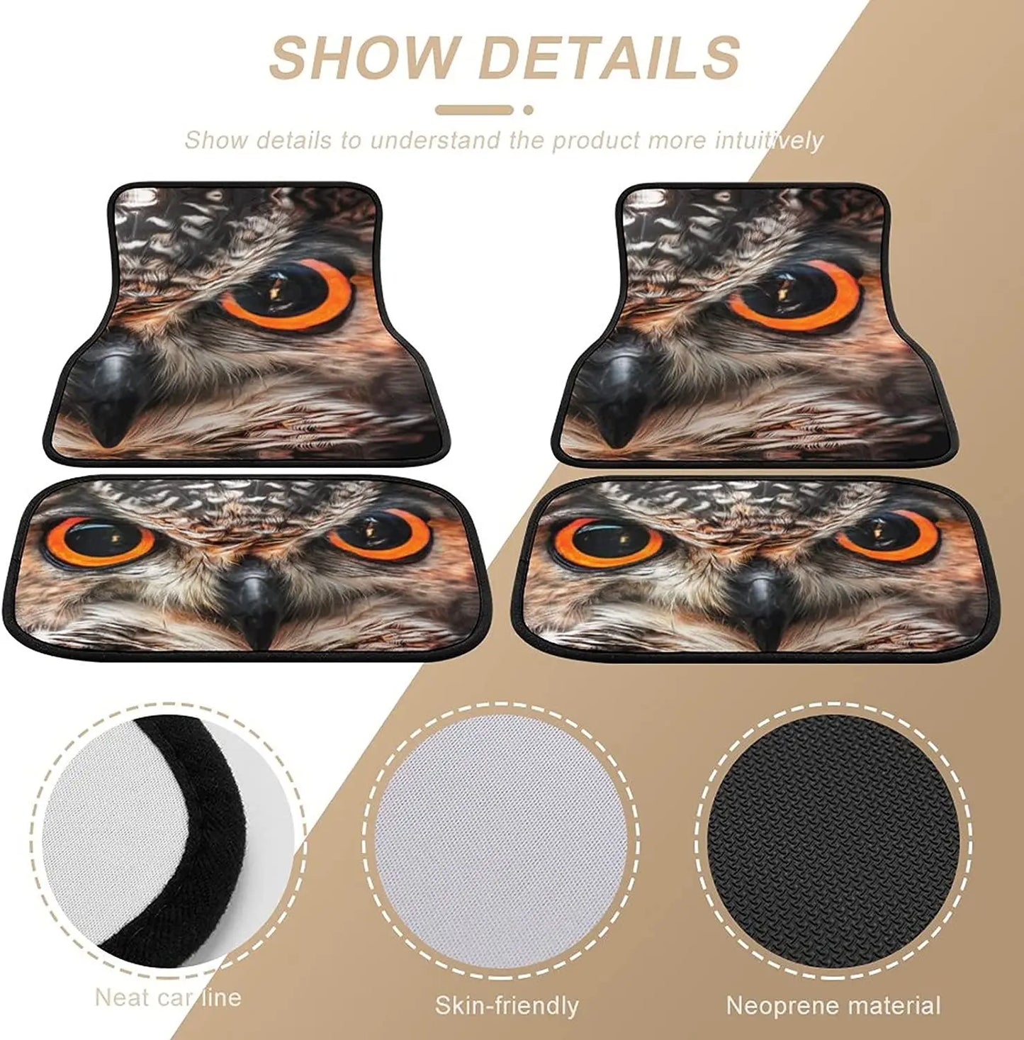 Car Floor Mat 4 Piece Sets Owl Art Universal All Weather Waterproof Driver Heel Pad Protector-Full Set Front & Rear Carpet Fits