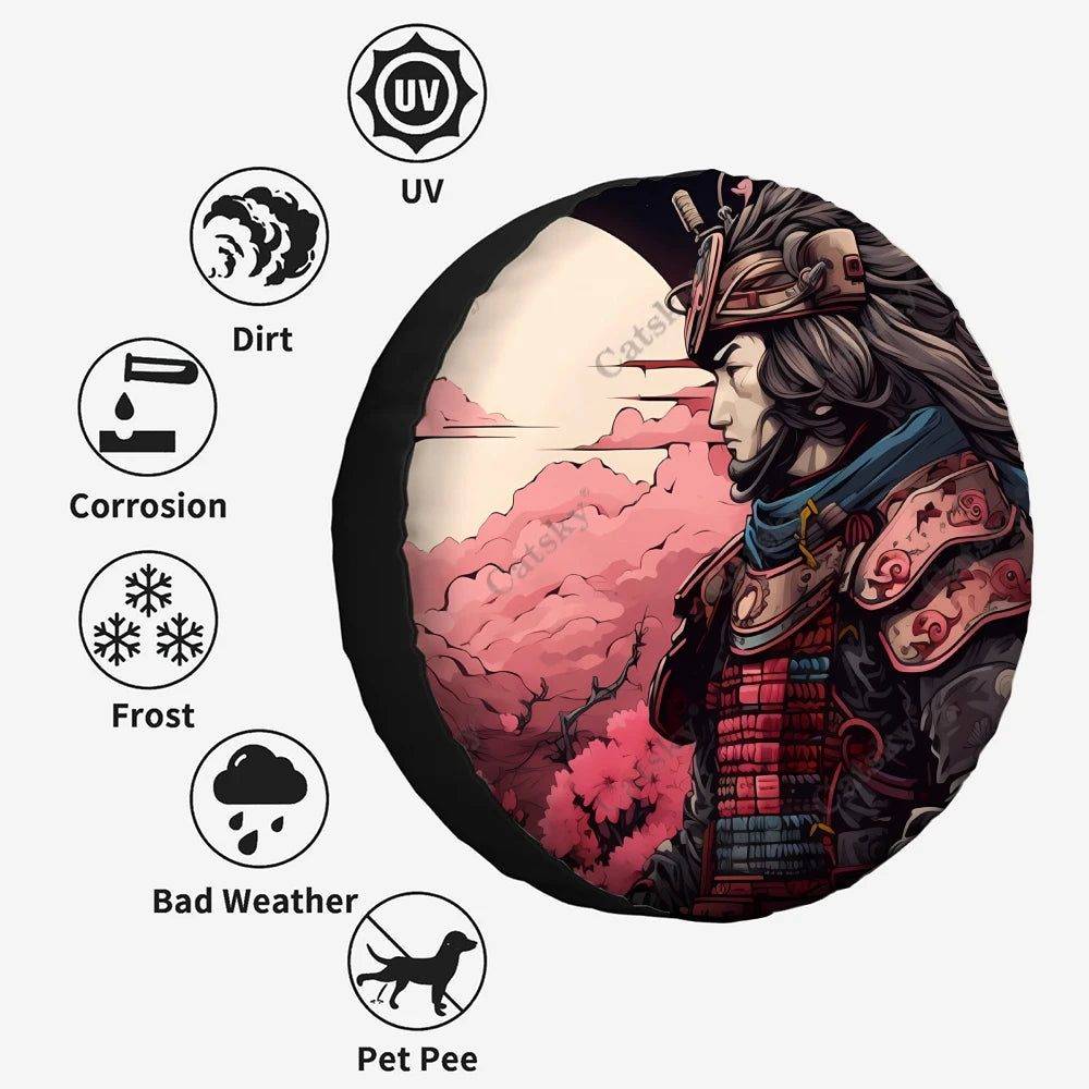 Japanese Samurai Watch Sunset Pattern Polyester Universal Spare Wheel Tire Cover Wheel Covers for Trailer RV SUV Truck Camper