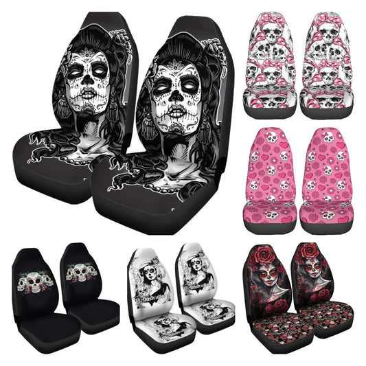 Sugar Skull Set of 2 Car Seat Covers Gray Tattoo Woman Face Paint Dead Day Universal Auto Front Seats Protector Fits for Car SUV