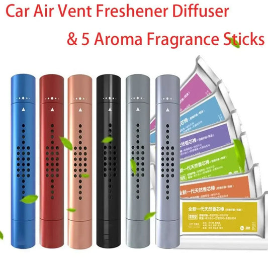 Car Air Vent Freshener Perfume Diffuser Metal Air Conditioning Outlet Clip with 5 Aroma Fragrance Sticks Auto Interior Accessory