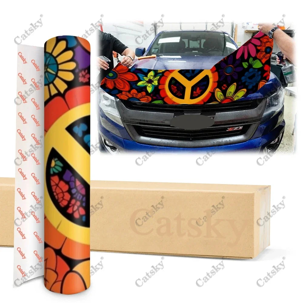 Hippie Vibes Retro Peace Signs Car Hood Vinyl Stickers Wrap Vinyl Film Engine Cover Decals Sticker on Car Auto Accessories
