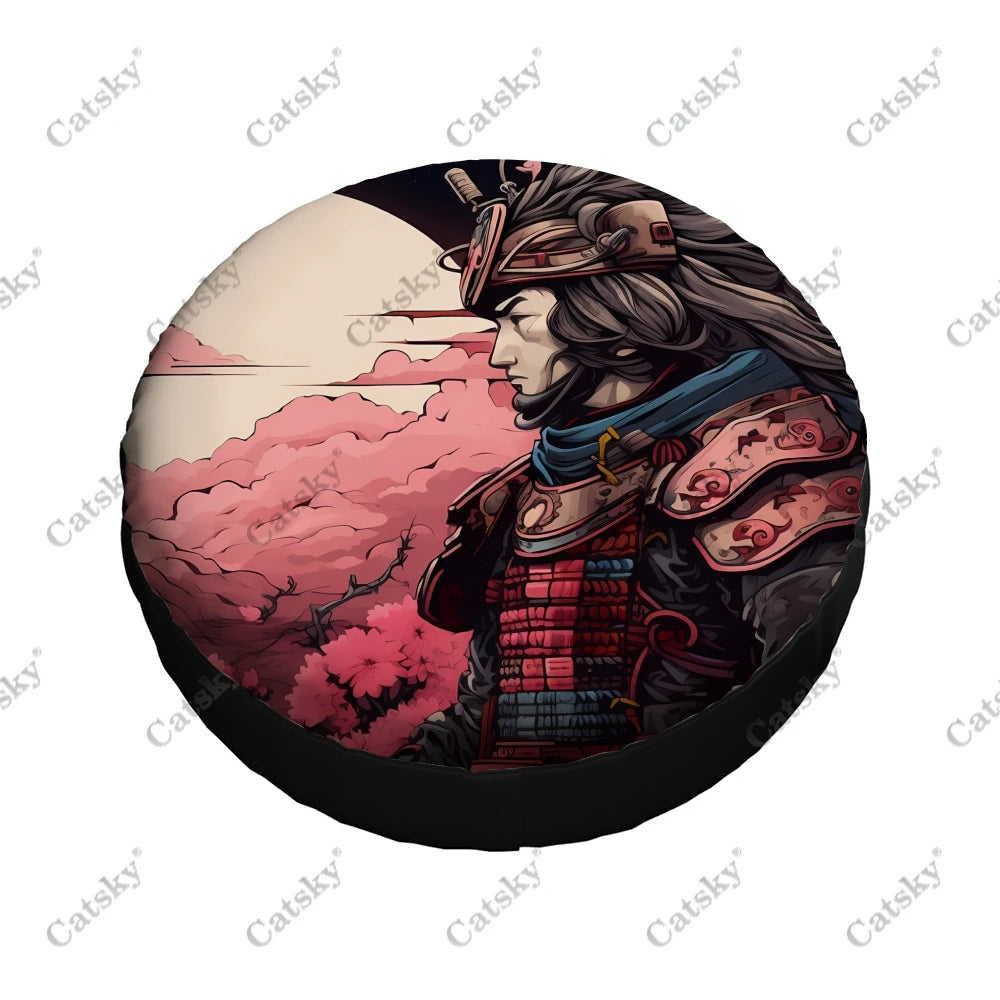 Japanese Samurai Watch Sunset Pattern Polyester Universal Spare Wheel Tire Cover Wheel Covers for Trailer RV SUV Truck Camper