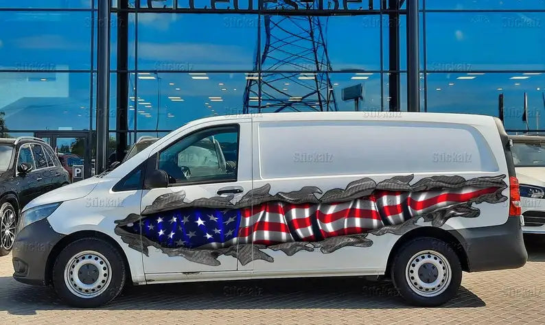 US Flag Car Wrap and decals Ripped Metal Full Color truck Vinyl Design , American flag decor for car decoration