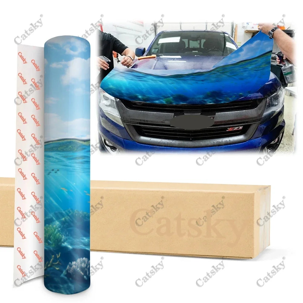 Blue Ocean Seascape Print Car Hood Vinyl Stickers Wrap Vinyl Film Engine Cover Decals Sticker on Car Auto Accessories