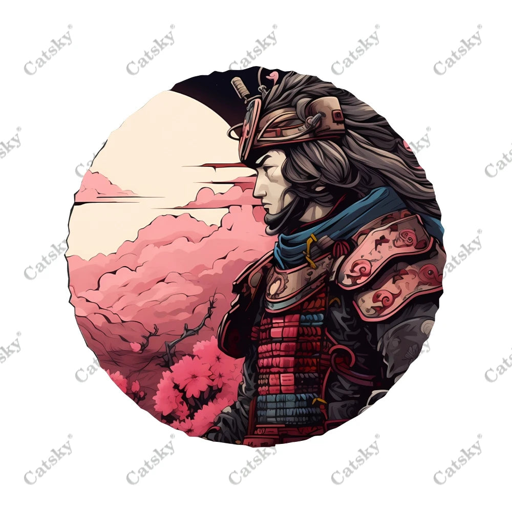 Japanese Samurai Watch Sunset Pattern Polyester Universal Spare Wheel Tire Cover Wheel Covers for Trailer RV SUV Truck Camper