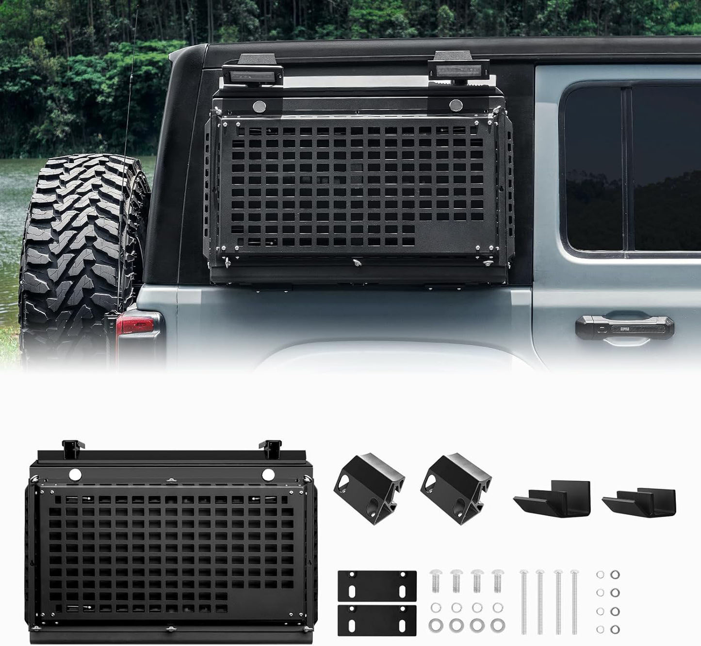 Rear Side Window Storage Box,  Modular Storage MOLLE Panel for Tools MOLLE Accessories, Rear Window Storage Panel Kit Storage Box with Lock Fits for Jeep Wrangler JL 2018-2024