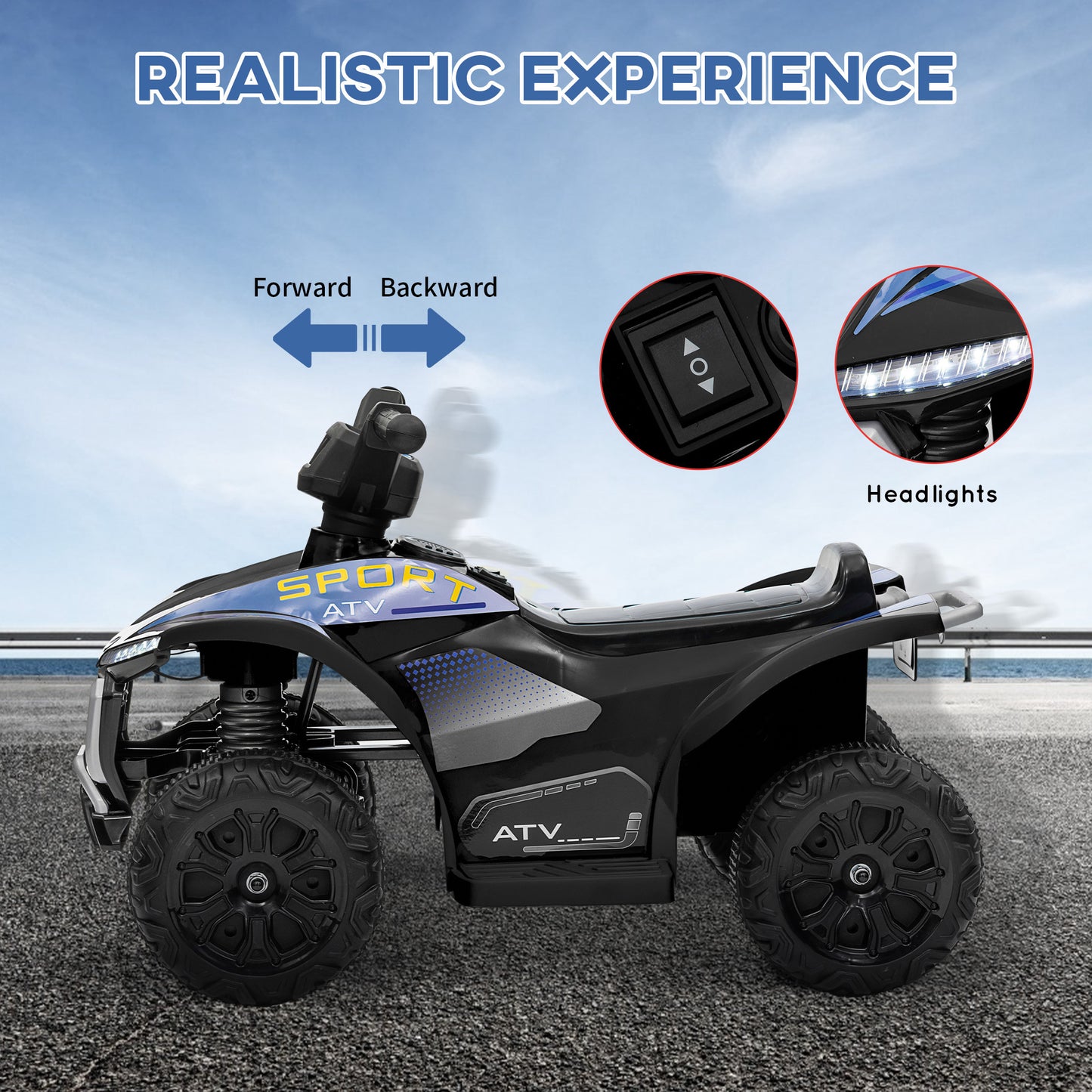 Qaba Kids ATV Quad, 6V Ride On Toy with 1.6MPH Max Speed, Rechargeable Battery, 4 Wheeler Battery Powered with Lights, Forward & Reverse for Toddlers, Black