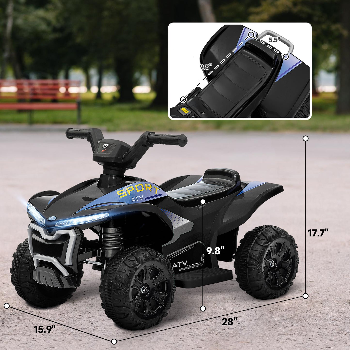 Qaba Kids ATV Quad, 6V Ride On Toy with 1.6MPH Max Speed, Rechargeable Battery, 4 Wheeler Battery Powered with Lights, Forward & Reverse for Toddlers, Black