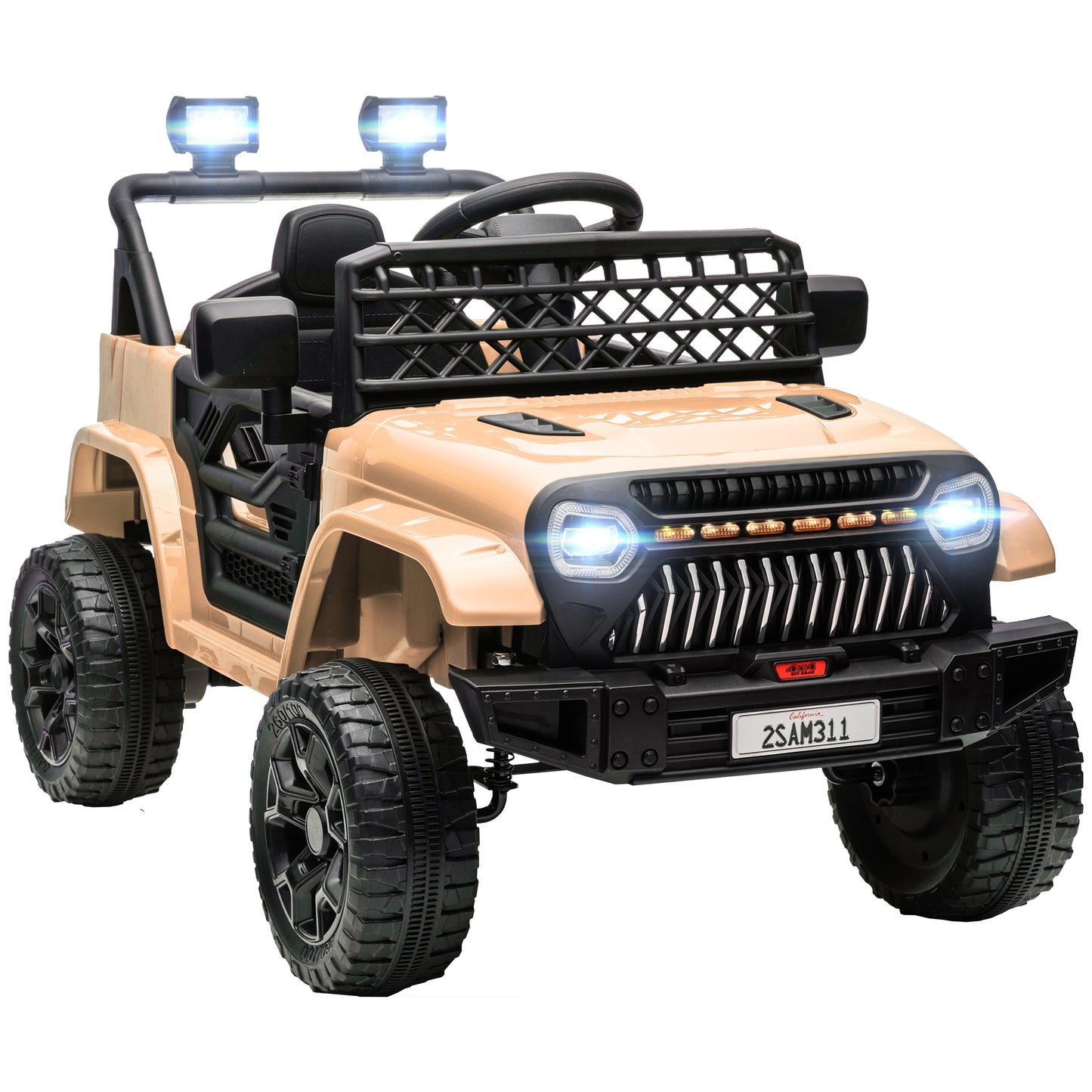 Qaba 12V Ride On Truck, Battery Powered Kids Electric Car UTV with 4 Suspension Wheels, Remote Control, 3 Speeds, LED Headlights, Horn, USB Music, Khaki