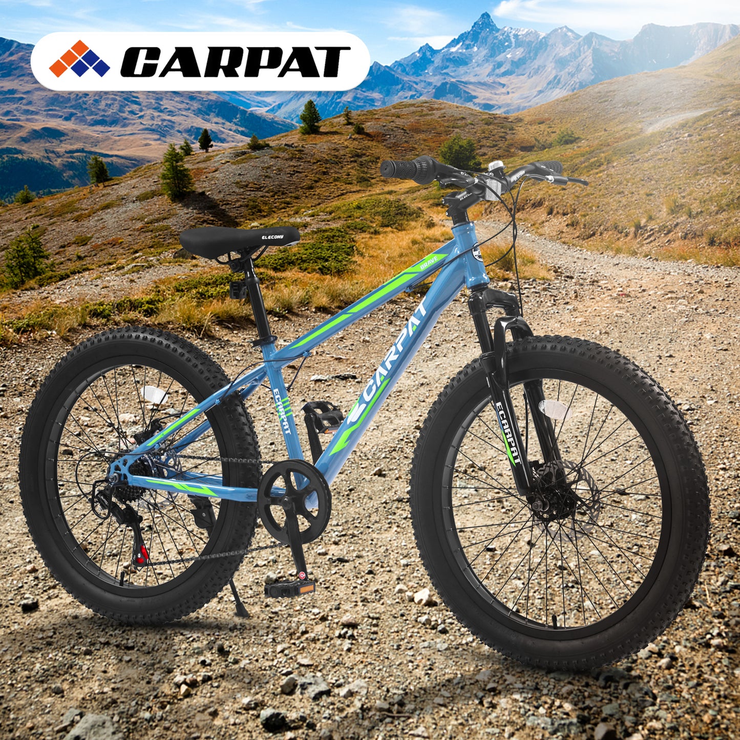 S24109 24 Inch Fat Tire Bike Adult/Youth Full Shimano 7 Speeds Mountain Bike, Dual Disc Brake, High-Carbon Steel Frame, Front Suspension, Mountain Trail Bike, Urban Commuter City Bicycle