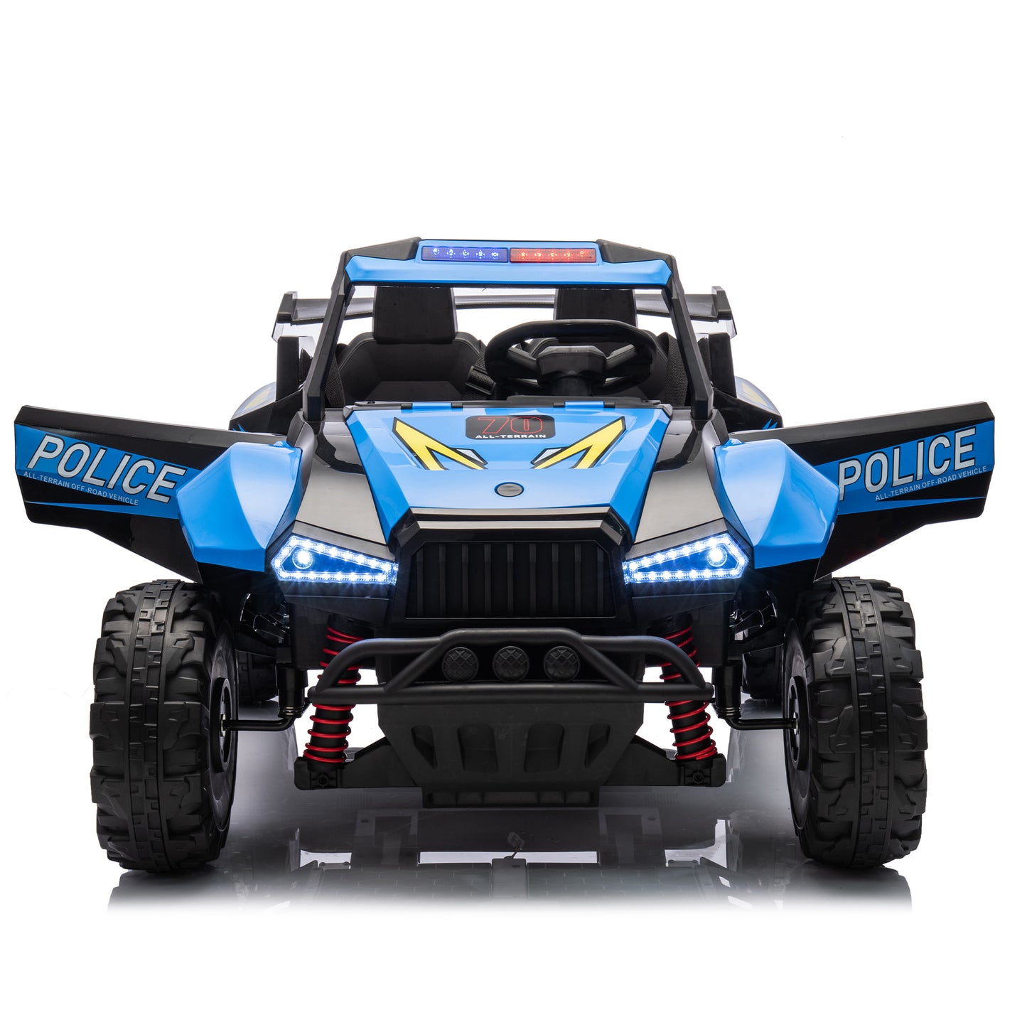 24V Two-seater Kids Ride On Electric Car W/Parents Control,Seat width 20.47in,2WD,Four-wheel suspension,The police car with a megaphone,Power display,Bluetooth,MP3,USB/TF,Music,LED Lights for Kids.