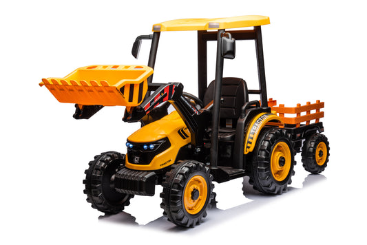 Pedal Tractors with Working Loader and Backhoe Digger, Kids' Ride on Car Toys 24V Battery Powered Electric Vehicles with Trailer, Digger for Toddlers (Yellow)