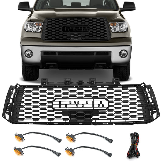 Front Grille with Amber LED Lights Compatible with Toyota Tundra 2010 2011 2012 2013, Matte Black, Cellular Sharp