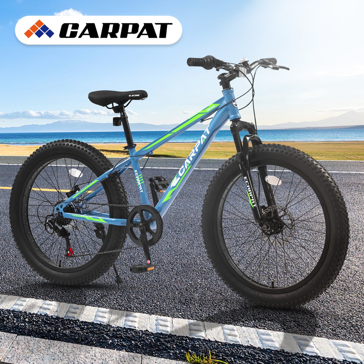 S24109 24 Inch Fat Tire Bike Adult/Youth Full Shimano 7 Speeds Mountain Bike, Dual Disc Brake, High-Carbon Steel Frame, Front Suspension, Mountain Trail Bike, Urban Commuter City Bicycle