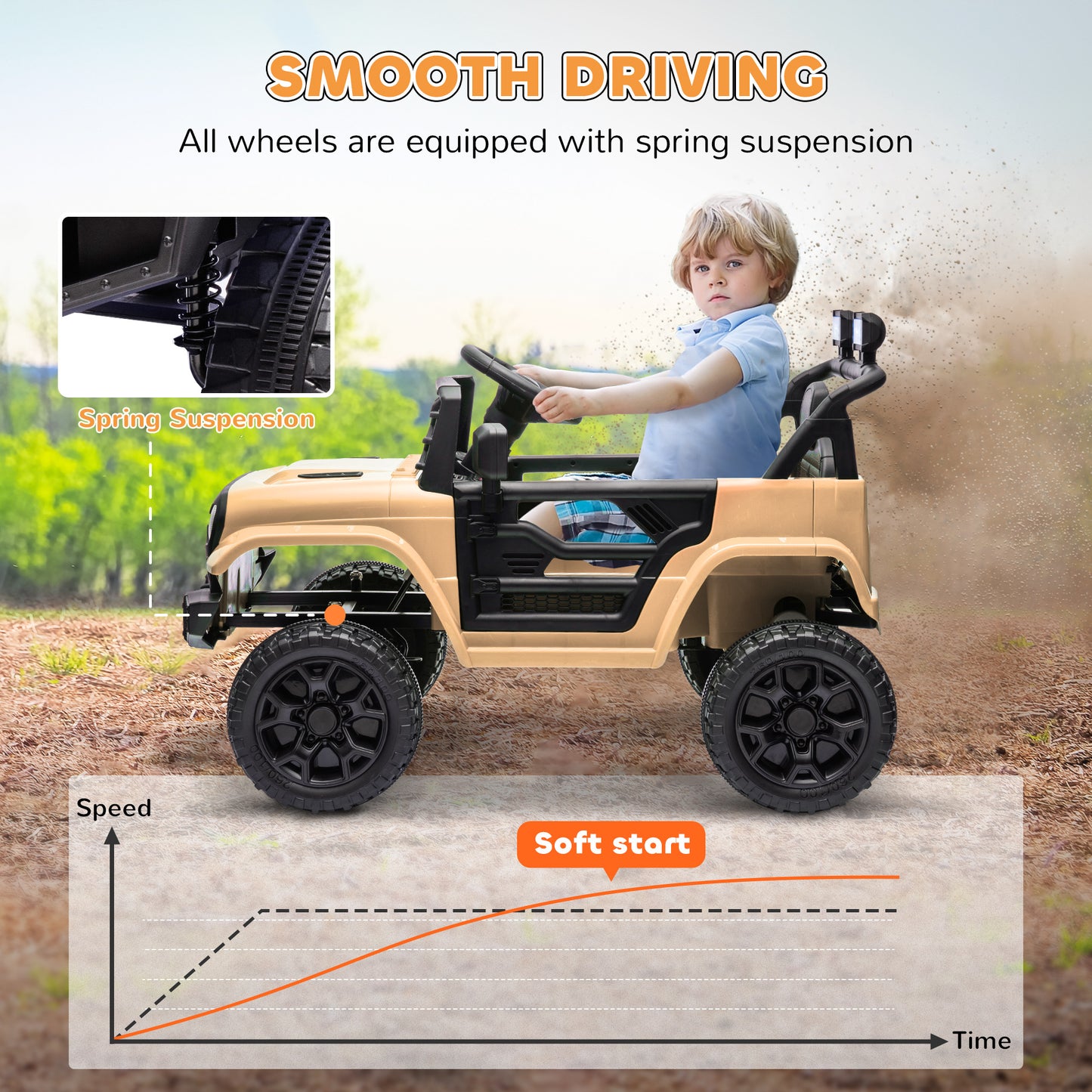Qaba 12V Ride On Truck, Battery Powered Kids Electric Car UTV with 4 Suspension Wheels, Remote Control, 3 Speeds, LED Headlights, Horn, USB Music, Khaki