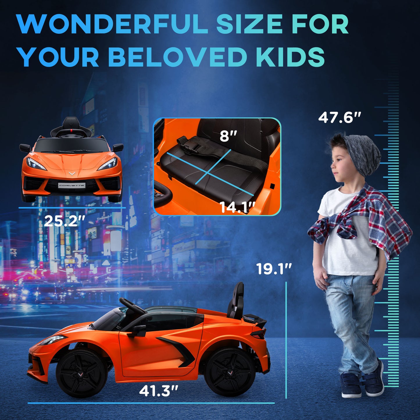 Qaba Electric Car for Kids, 12V Chevrolet Corvette Licensed Kids Car with Parental Remote Control, Suspension System, Music, Horn, Headlight, Slow Start, Kids Electric Car for 3-6 Years, Orange