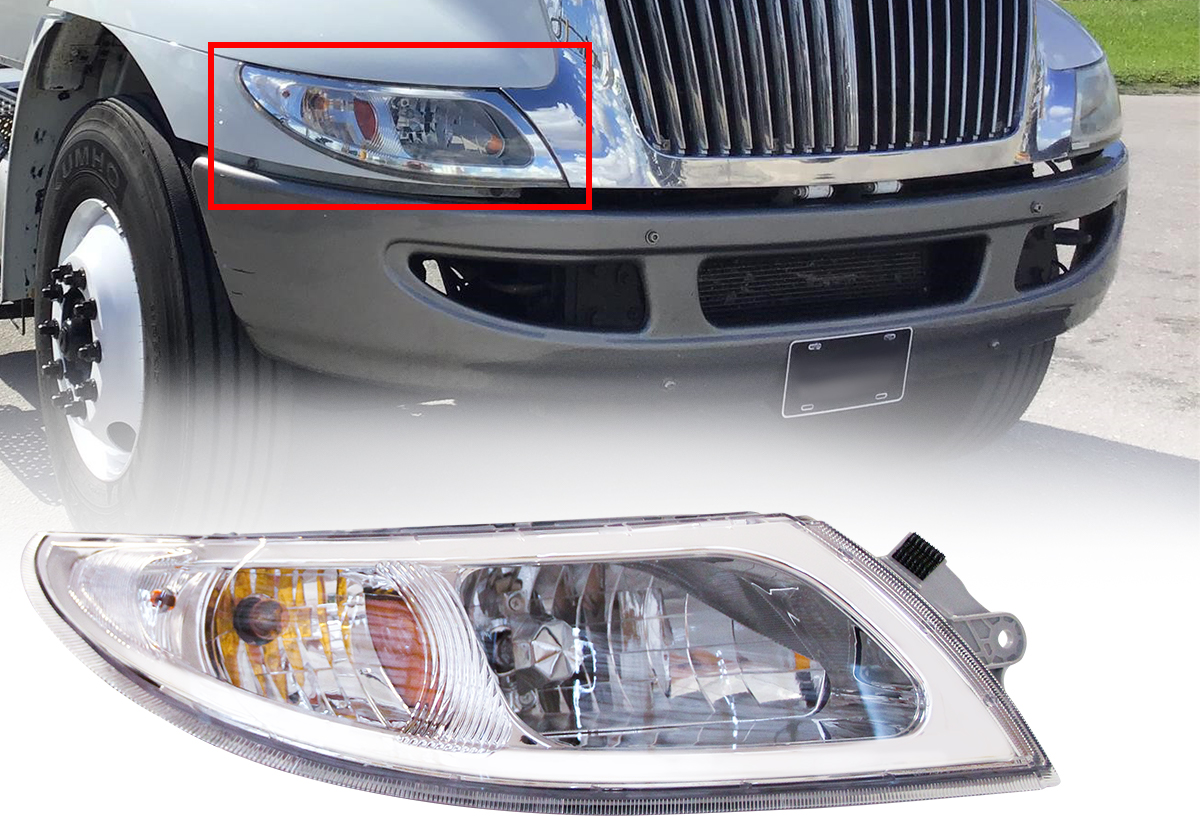 Headlights for International Durastar 4300 Truck 2002-2018, Chrome Headlamp Replacement, Right/Passenger Side