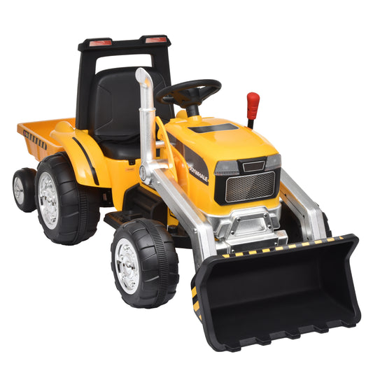 Kids Ride on Tractor with Trailer, 12V Battery Powered Electric Excavator for Kids with Remote Control, Excavator Toy with 3-Gear-Shift, Music Player, Exhaust Pipe & Bright Headlight, Yellow