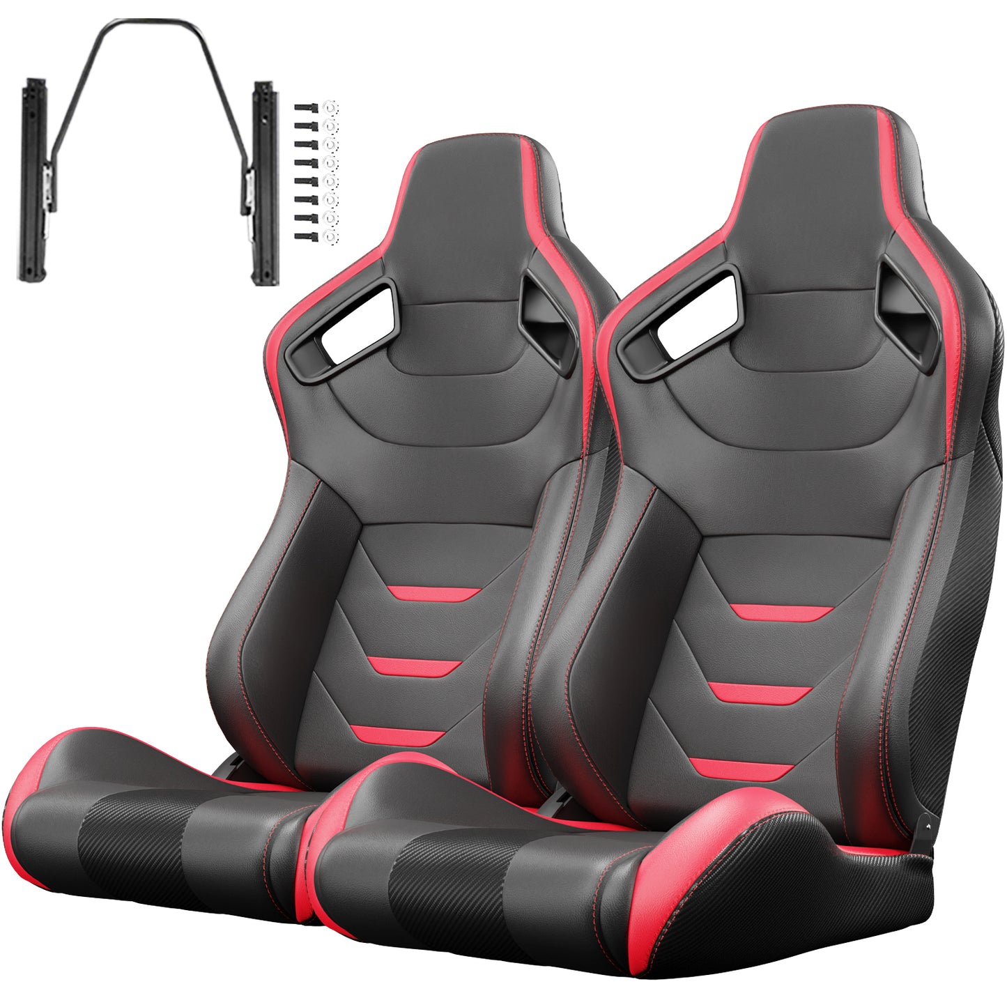 2PC Universal Bucket Racing Seats Red Stitch Red PVC Leather Reclinable Carbon Look Leather Back With Adjustor Slider(Not Including Seat Bracket ) 1 box of 2 pieces